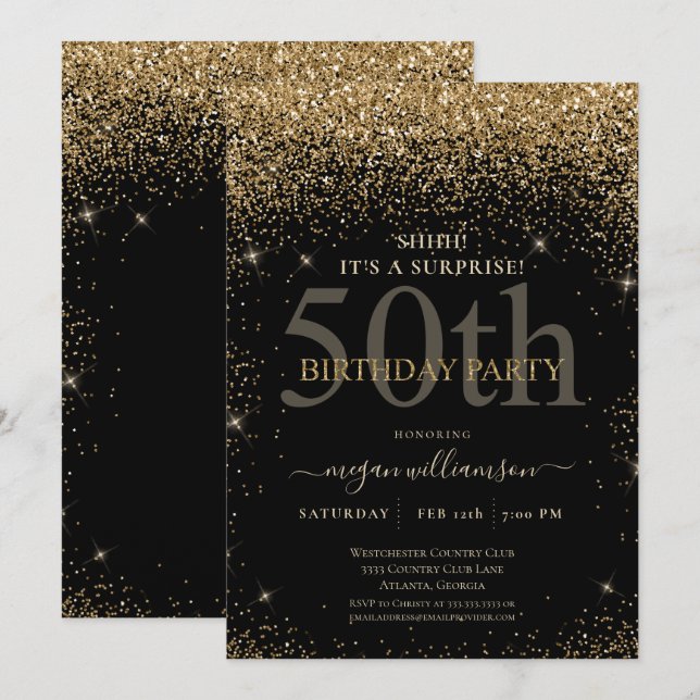 Invitación Elegante Purpurina de Oro 50 cumpleaños (Anverso / Reverso)