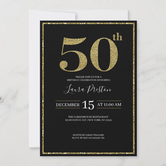Invitación Elegante Purpurina de Oro 50 cumpleaños (Anverso)