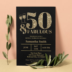 Invitación Elegante Purpurina de oro 50 y fabuloso cumpleaños