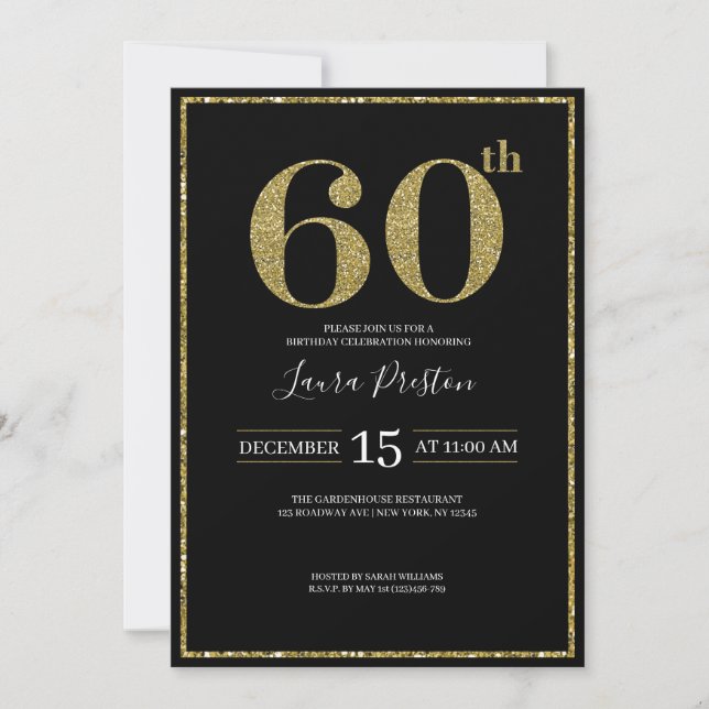 Invitación Elegante Purpurina de Oro 60 cumpleaños (Anverso)