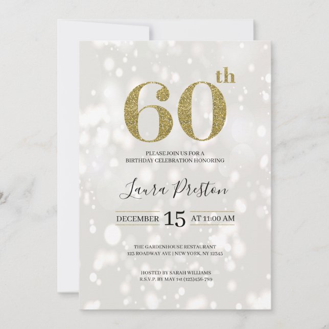 Invitación Elegante Purpurina de Oro 60 cumpleaños (Anverso)