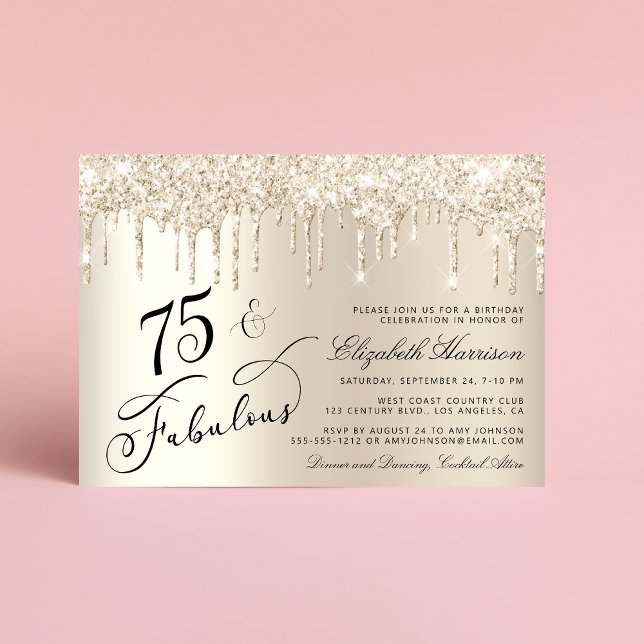 Invitación Elegante Purpurina de Oro 75ª fiesta de cumpleaños (Celebrate her 75 years of sparkle with an elegant gold glitter birthday party invitation  🎉 🎂 🥂)