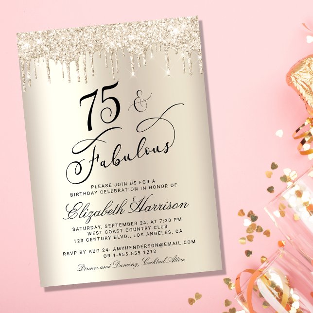 Invitación Elegante Purpurina de Oro 75ª fiesta de cumpleaños (Celebrate her 75 years of sparkle with an elegant gold glitter birthday party invitation  🎉 🎂 🥂)