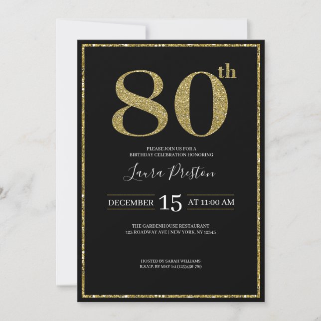 Invitación Elegante Purpurina de Oro 80 cumpleaños (Anverso)