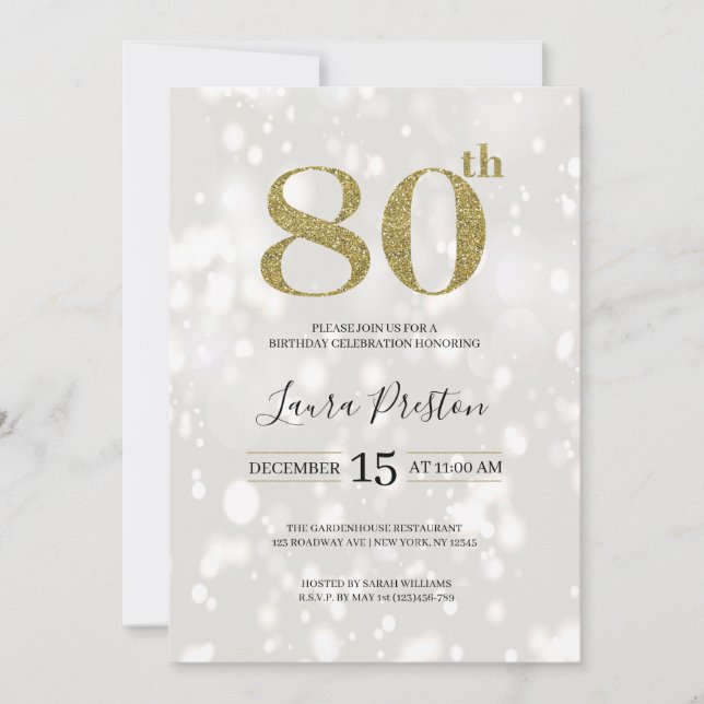 Invitación Elegante Purpurina de Oro 80 cumpleaños (Anverso)