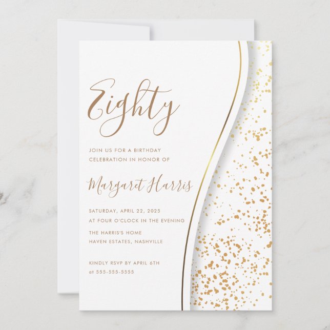 Invitación Elegante Purpurina de Oro 80° Ochenta Cumpleaños (Anverso)