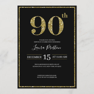 Invitación Elegante Purpurina de Oro 90 cumpleaños