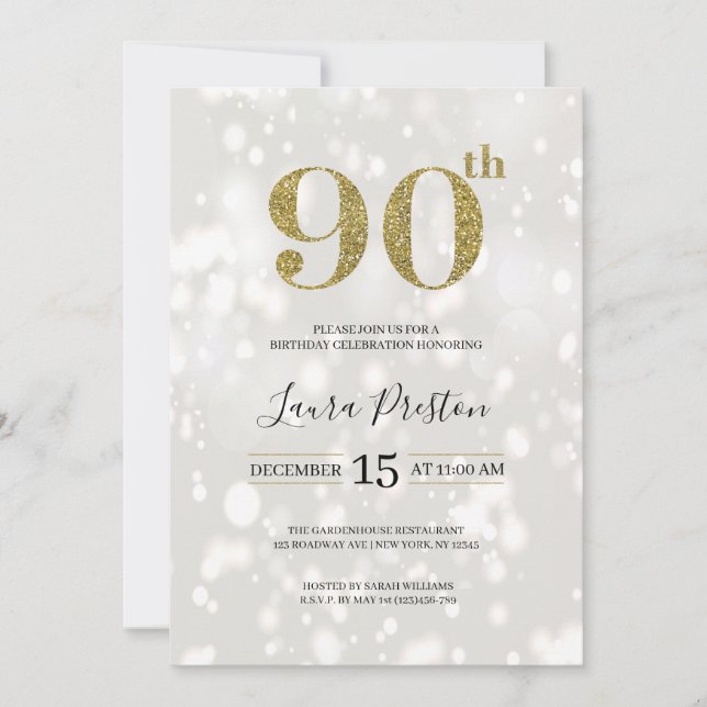 Invitación Elegante Purpurina de Oro 90 cumpleaños (Anverso)
