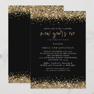 Invitación Elegante Purpurina de oro Año Nuevo Eve Black
