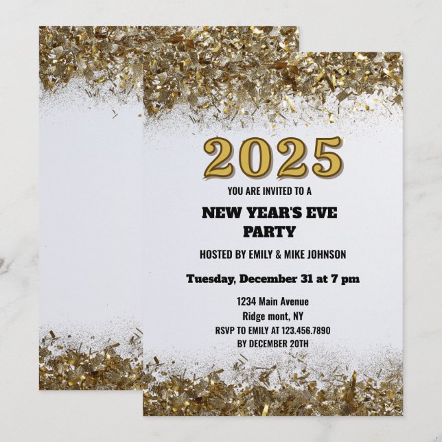Invitación Elegante Purpurina de oro Año Nuevo Eve blanco 202 (Anverso / Reverso)