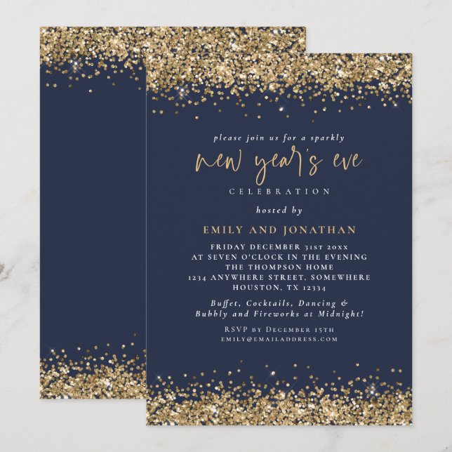 Invitación Elegante Purpurina de oro Año Nuevo Eve Navy Azul (Anverso / Reverso)