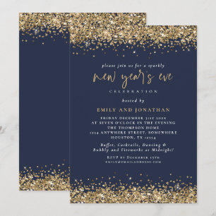 Invitación Elegante Purpurina de oro Año Nuevo Eve Navy Azul