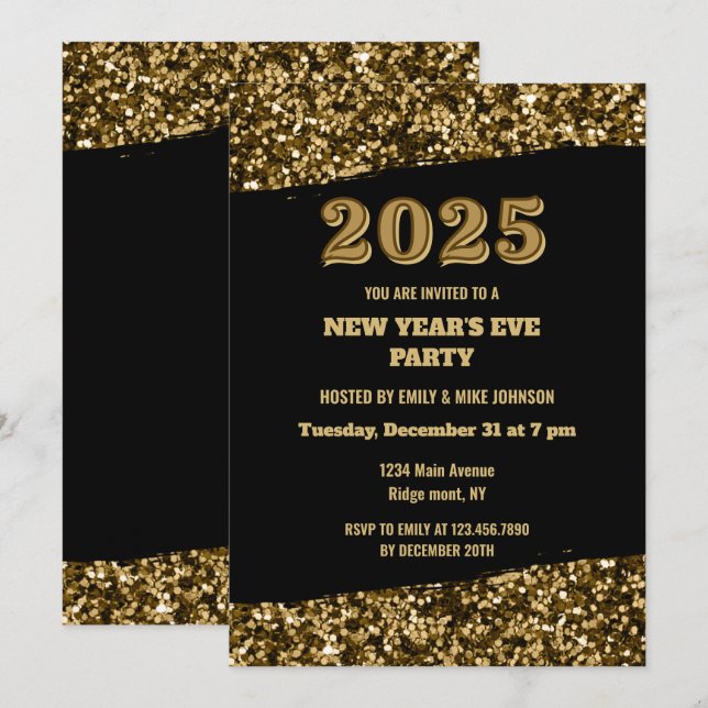 Invitación Elegante Purpurina de oro Año Nuevo Eve Negro 2025 (Anverso / Reverso)