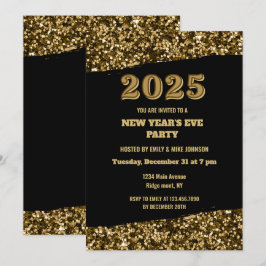 Invitación Elegante Purpurina de oro Año Nuevo Eve Negro 2025