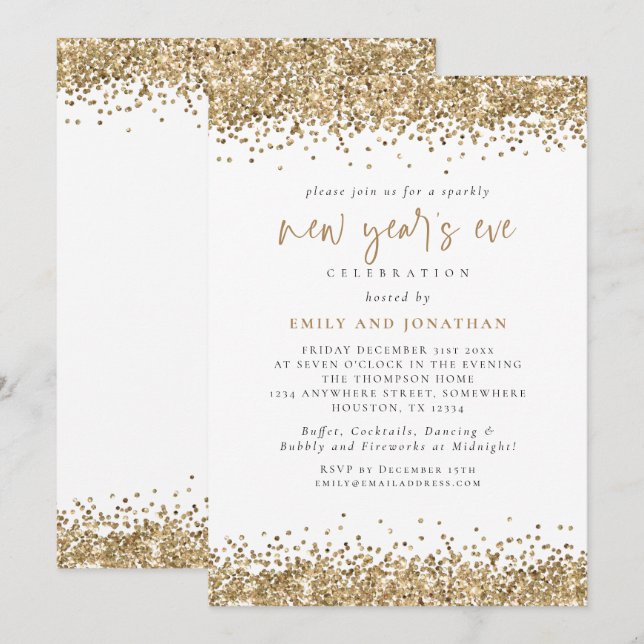 Invitación Elegante Purpurina de oro Año Nuevo Eve White (Anverso / Reverso)