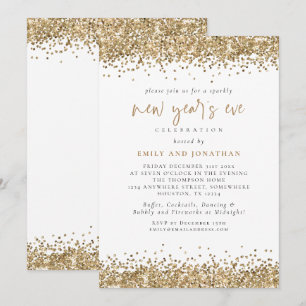 Invitación Elegante Purpurina de oro Año Nuevo Eve White