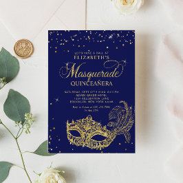 Invitación Elegante Purpurina de oro azul Masquerade Quinceañ