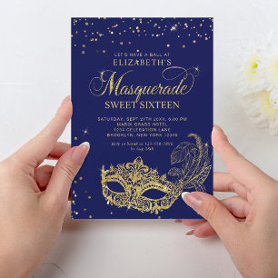 Invitación Elegante Purpurina de oro azul Masquerade Sweet 16