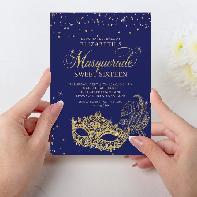 Invitación Elegante Purpurina de oro azul Masquerade Sweet 16 (Subido por el creador)