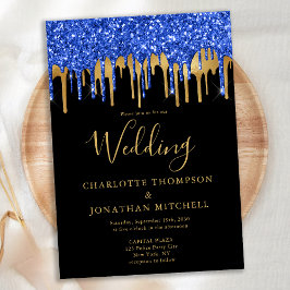 Invitación Elegante Purpurina de Oro Azul Negro  Dris Boda