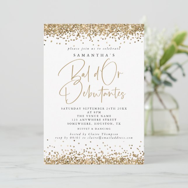 Invitación Elegante Purpurina De Oro Bal D O Fiesta Debutante (Anverso de pie)