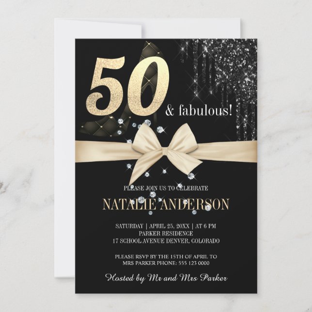 Invitación Elegante Purpurina de Oro Black Dripss 50 (Anverso)