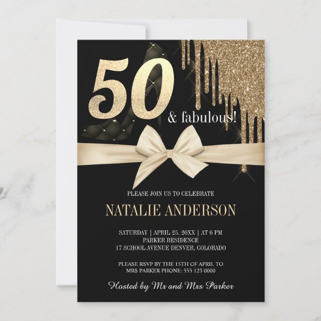 Invitación Elegante Purpurina de Oro Black Dripss 50 (Anverso)