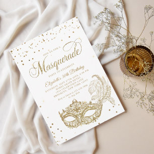 Invitación Elegante Purpurina de Oro Blanco Mascarada Cumplea