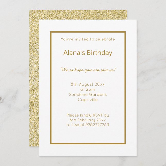 INVITACIÓN ELEGANTE PURPURINA DE ORO BLANCO MODERNO SIMPLE (Anverso / Reverso)