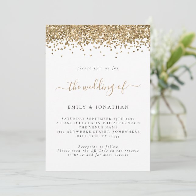 Invitación Elegante Purpurina de oro Boda de código QR (Anverso de pie)