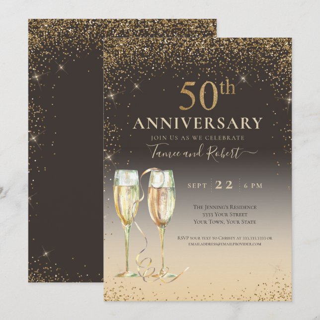 Invitación Elegante Purpurina de oro Champagne 50 aniversario (Anverso / Reverso)
