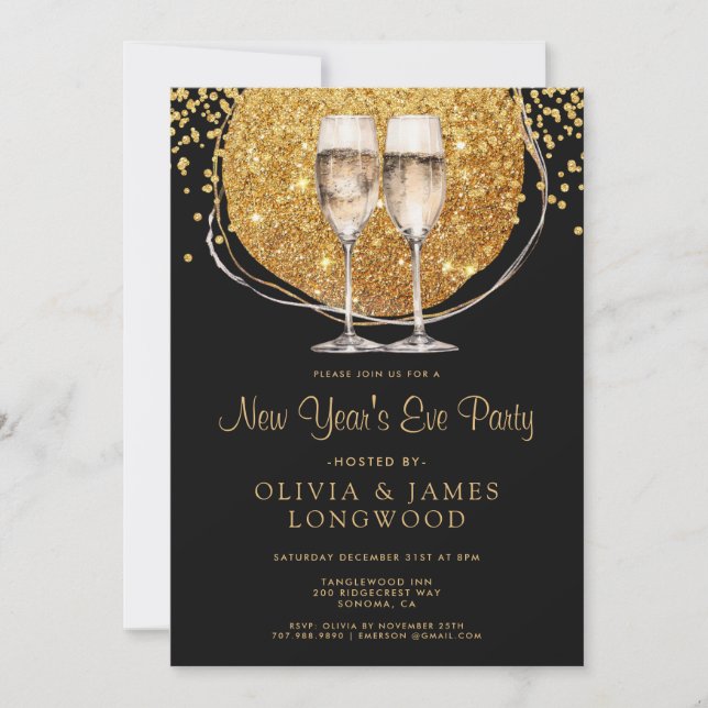 Invitación Elegante Purpurina de oro Champagne Nochevieja (Anverso)