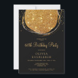 Invitación Elegante Purpurina de oro Círculo 60 cumpleaños<br><div class="desc">Un falso círculo abstracto de Relieve metalizado de oro con líneas radiantes,  sobre un fondo negro,  con una rociada de purpurina. Sofisticado y glamuroso. Invitación a una fiesta de cumpleaños número 60 de la moda. Solicitar en forma impresa,  digital o impresa y digital. ¡personalizar de cualquier edad!</div>