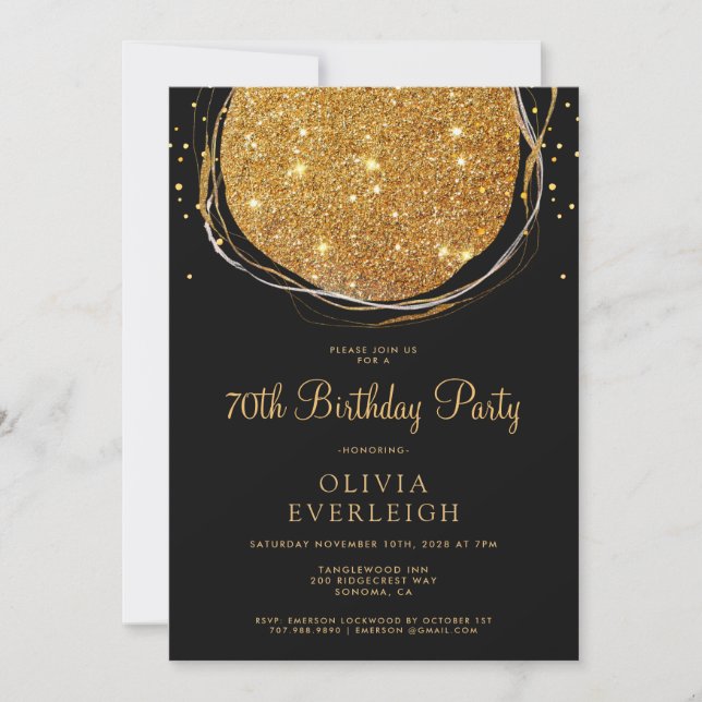 Invitación Elegante Purpurina de oro Círculo 70 cumpleaños (Anverso)