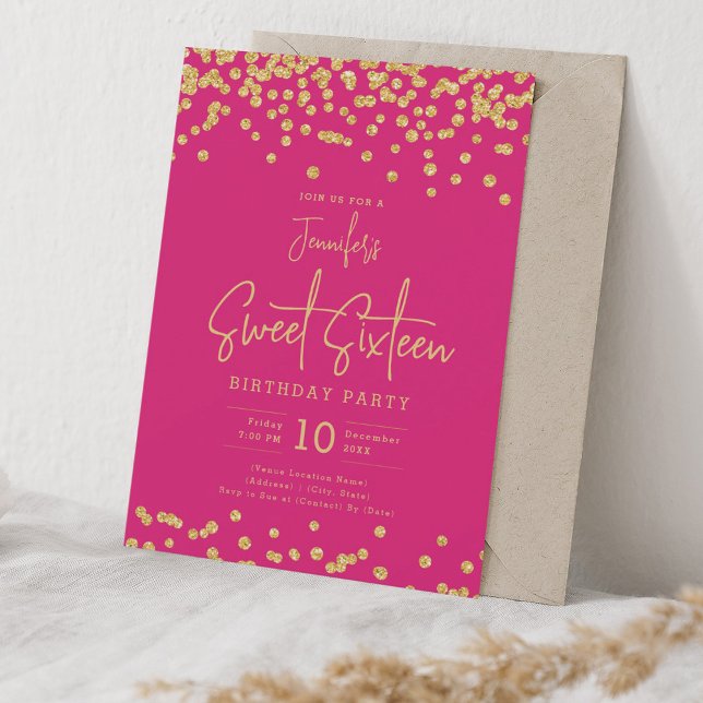 Invitación Elegante Purpurina de oro Confetti dulce 16 rosa c (Elegant Gold Glitter Confetti Sweet 16 Hot Pink Invitation)