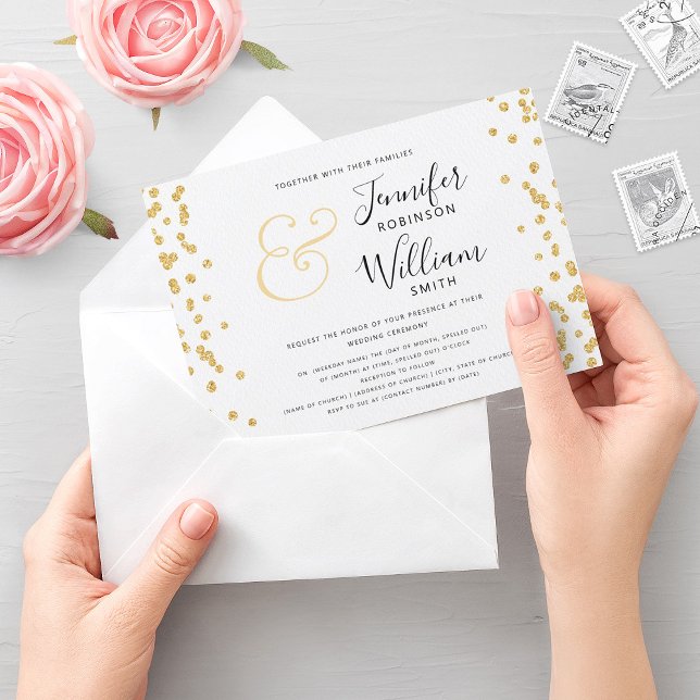 Invitación Elegante Purpurina de oro Confetti Script Boda (Elegant Gold Glitter Confetti Script Wedding Invitation)
