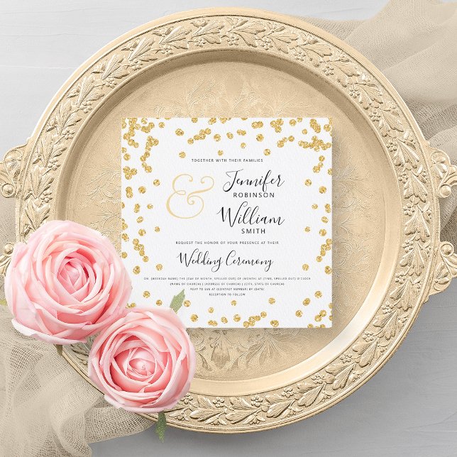 Invitación Elegante Purpurina de oro Confetti Script Boda (Elegant Gold Glitter Confetti Script Wedding Invitation)
