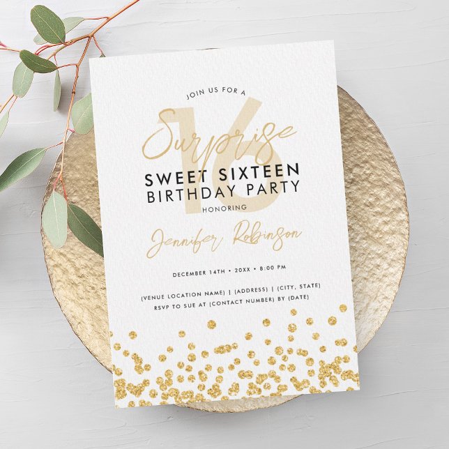 Invitación Elegante Purpurina de oro Confetti Sorpresa Sweet  (Elegant Gold Glitter Confetti Surprise Sweet 16 Invitation)