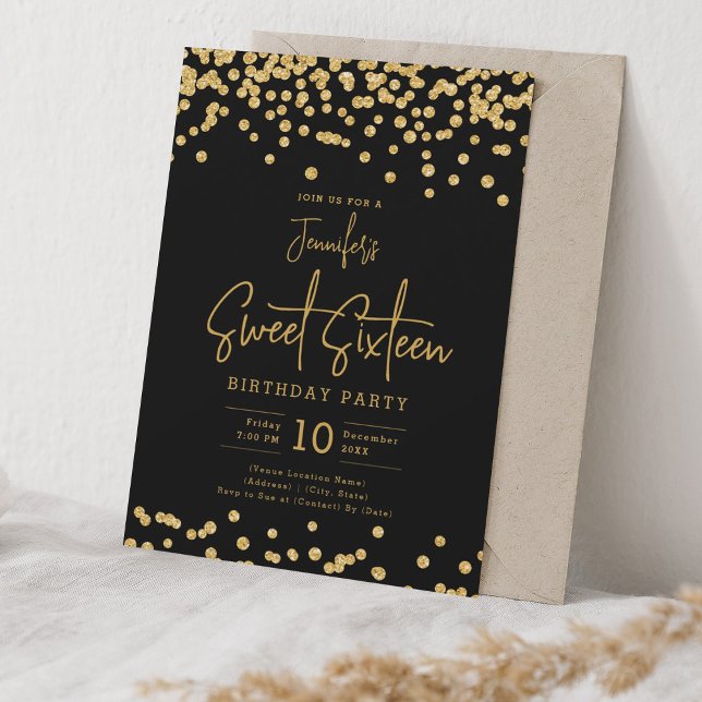 Invitación Elegante Purpurina de oro Confetti Sweet 16 Fiesta (Subido por el creador)
