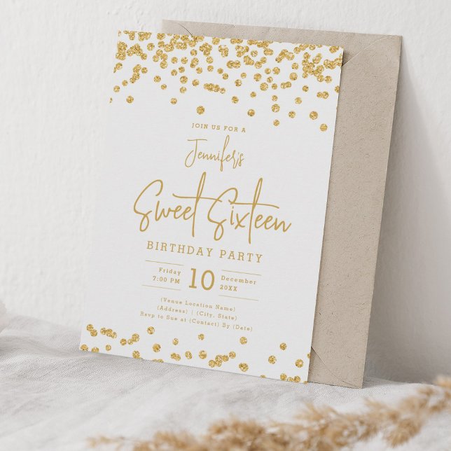 Invitación Elegante Purpurina de oro Confetti Sweet 16 Fiesta (Elegant Gold Glitter Confetti Sweet 16 Party Invitation)