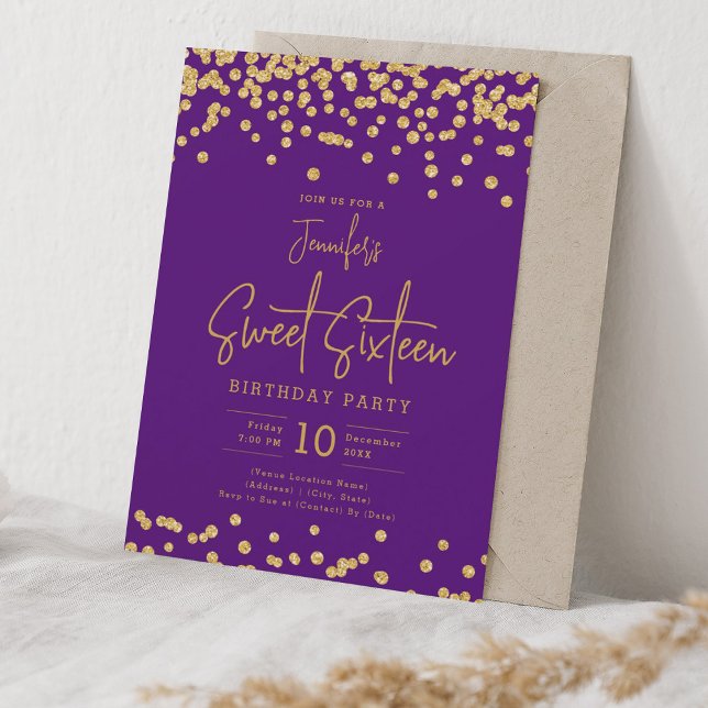 Invitación Elegante Purpurina de oro Confetti Sweet 16 Purple (Elegant Gold Glitter Confetti Sweet 16 Purple Invitation)