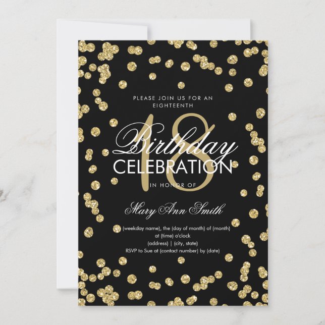 Invitación Elegante Purpurina de oro de 18 años Confetti Blac (Anverso)