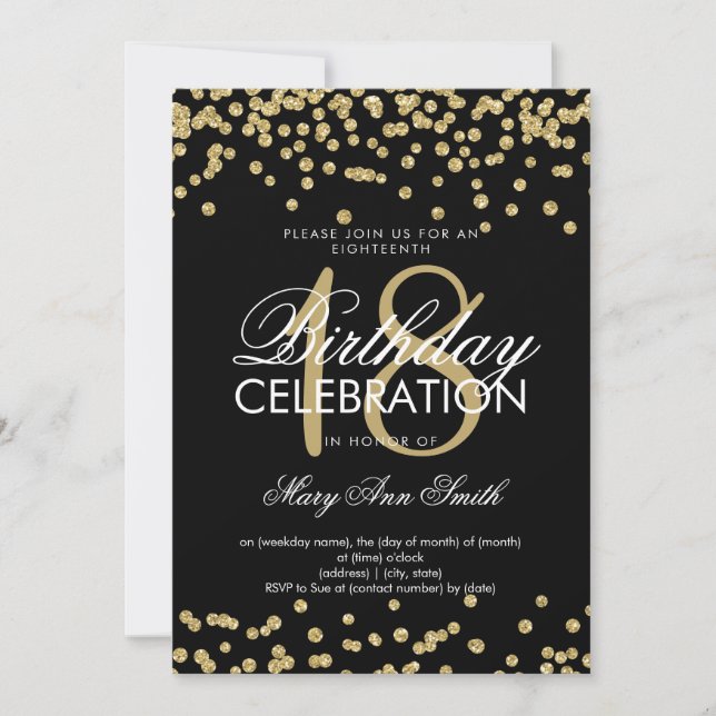 Invitación Elegante Purpurina de oro de 18 años Confetti Blac (Anverso)