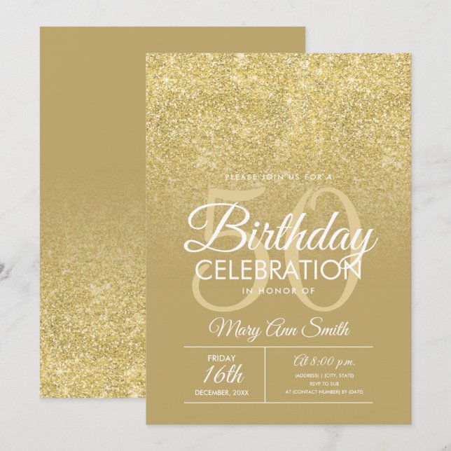 Invitación Elegante Purpurina de oro de 50 años Glam (Anverso / Reverso)