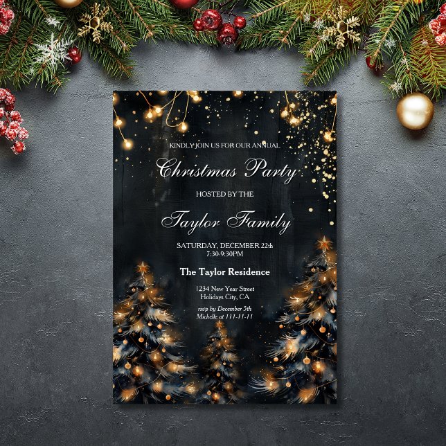 Invitación Elegante Purpurina de oro de invierno Fiesta de ár (black christmas tree with gold glitter lights)