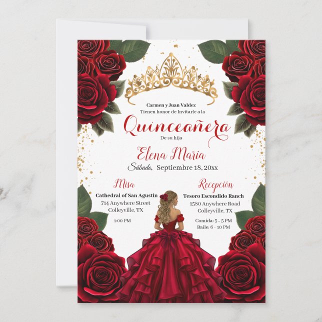 Invitación Elegante Purpurina de Oro de los Rosas Rojos de Qu (Anverso)