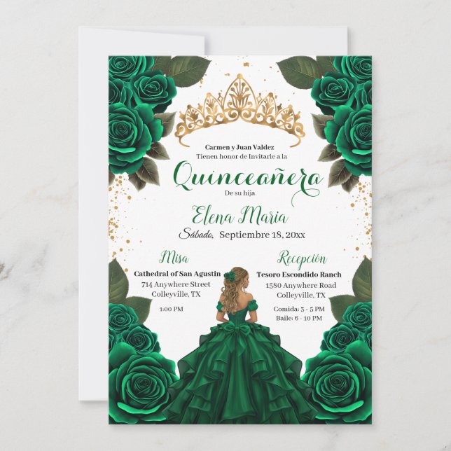 Invitación Elegante Purpurina de Oro de los Rosas Verdes de Q (Anverso)