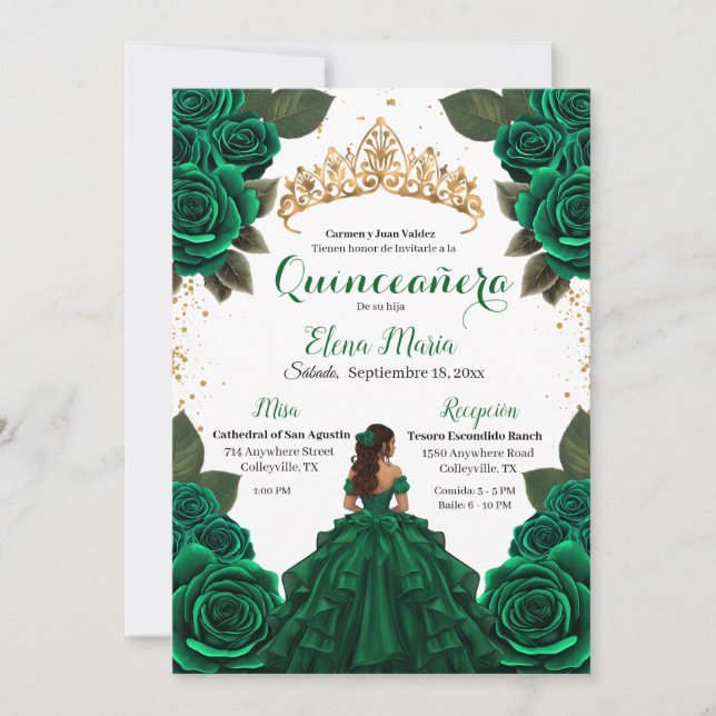Invitación Elegante Purpurina de Oro de los Rosas Verdes de Q (Anverso)