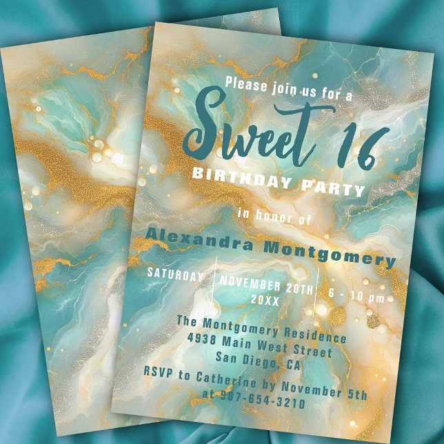 Invitación Elegante Purpurina de oro de mármol Aquamarine 16 (Subido por el creador)