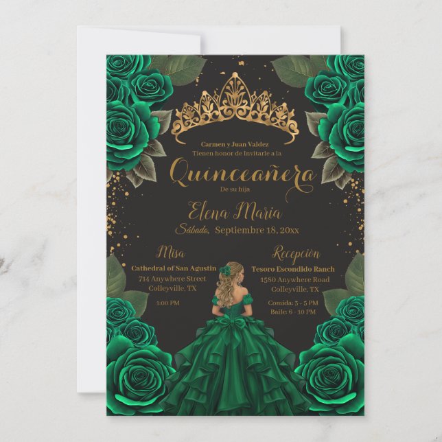 Invitación Elegante Purpurina de Oro de Rosas de Quinceañera  (Anverso)